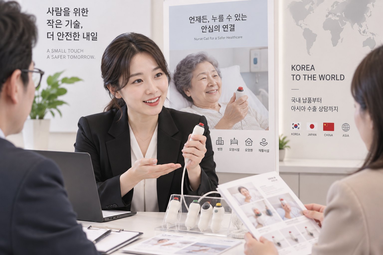 여성 상담사가 유선 너스콜 제품을 들고 의료기기 납품과 수출 상담을 진행하는 모습